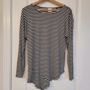 Cabi navy blue and white striped long sleeve asymmetrical top